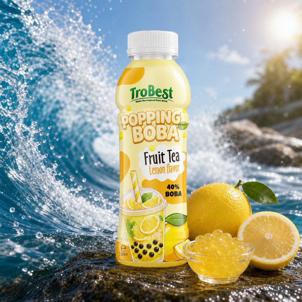 Juicy Lemon Popping Boba RTD Juice on retail shelf in global market
