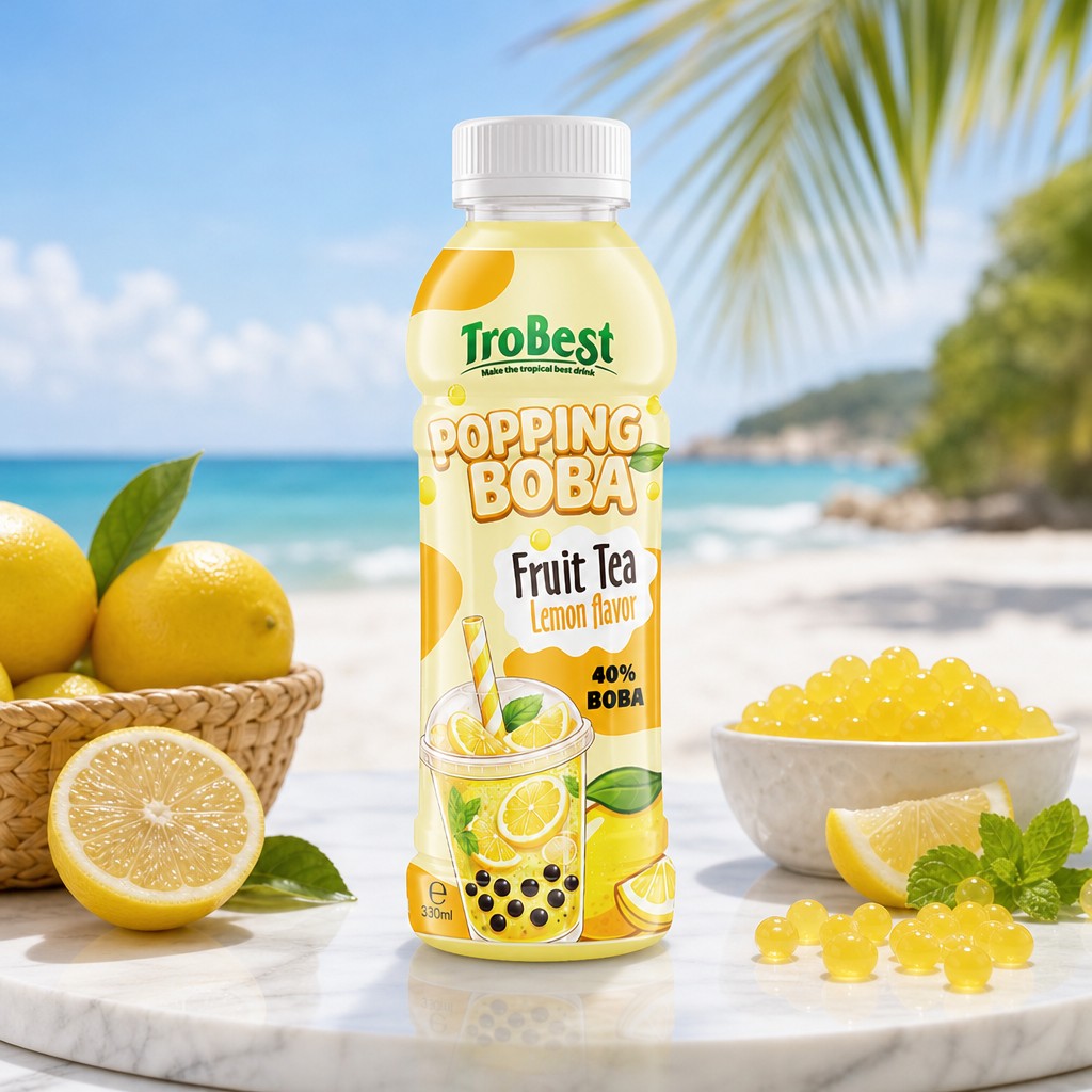 Juicy Lemon Popping Boba RTD Juice bottle with certified packaging quality