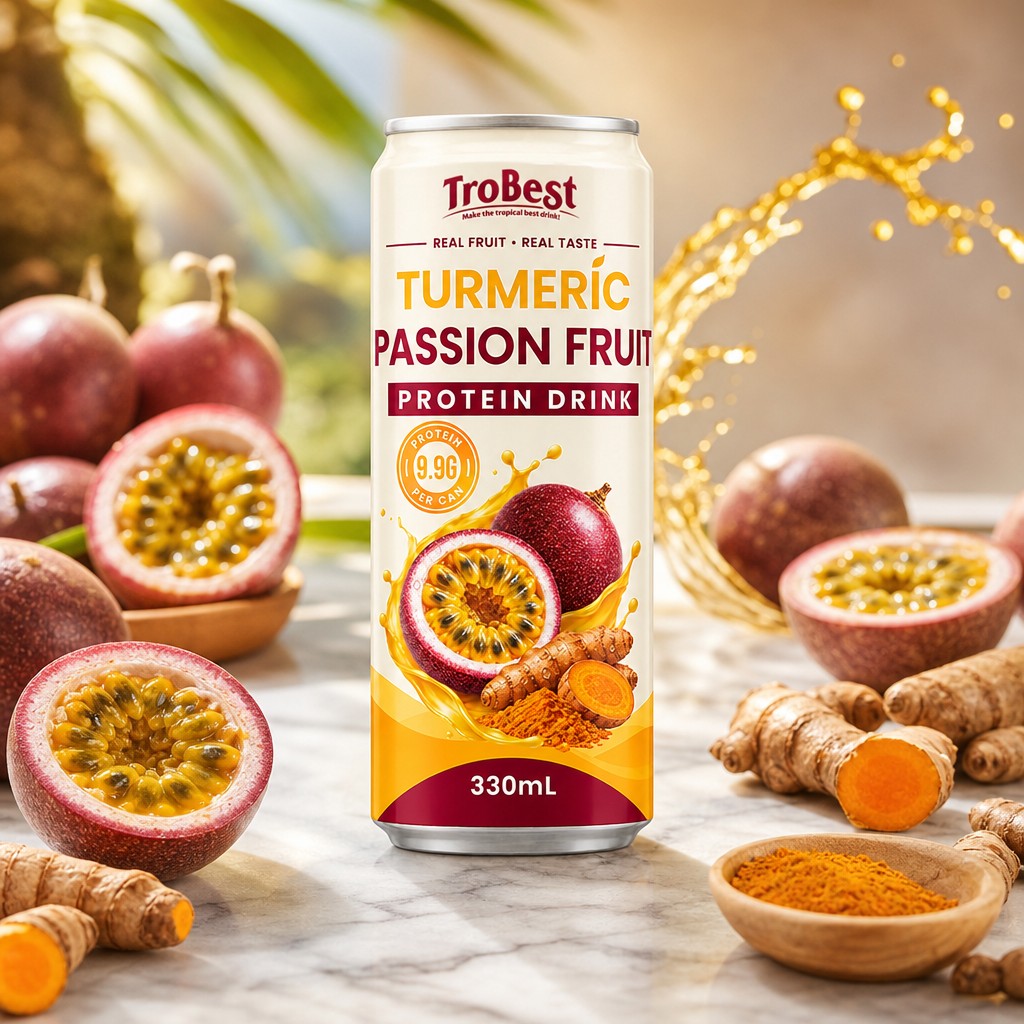 Trobest Turmeric Passion Fruit Protein Drink can with fresh passion fruit and turmeric ingredients