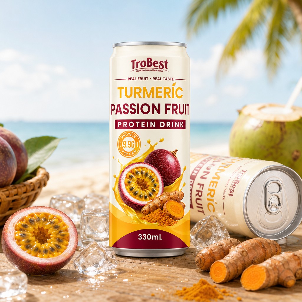 Trobest Turmeric Passion Fruit Protein Drink slim cans showcasing export-ready packaging design