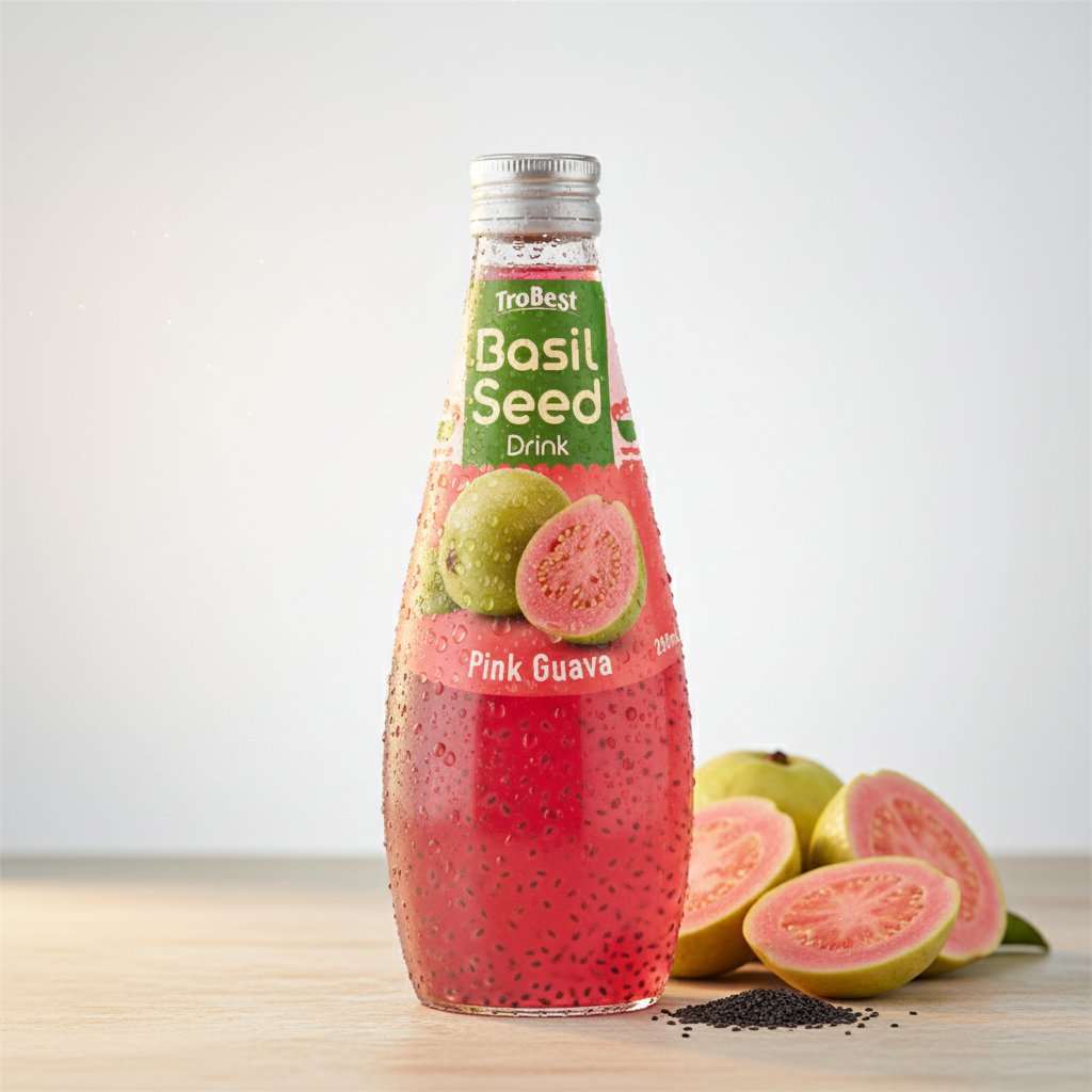 290ml Glass Bottle BASIL SEED DRINK With PINK GUAVA - Trobest Premium Beverage